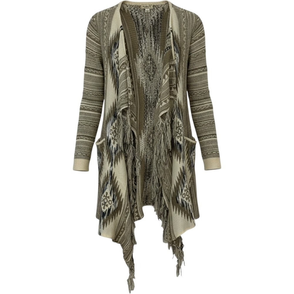 One World Aztec Fringe Open Front Cardigan Draped Tan Brown Boho Layer Medium